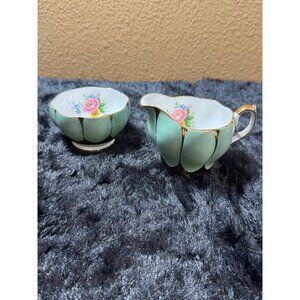 Vintage Queen Anne Bone China Creamer & Sugar Bowl Set Mint Green Floral Inside